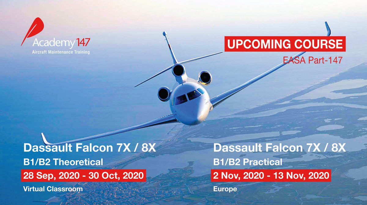 academy147's tweet image. #CourseAnnouncement : Join us for our next virtual learning course for the #DassaultFalcon 7X / 8X B1/B2 Theoretical, will start on 28th September - 30th October. The B1/B2 Practical course will start on 2nd November - 13th November.

Write info@academy147.com for more info.