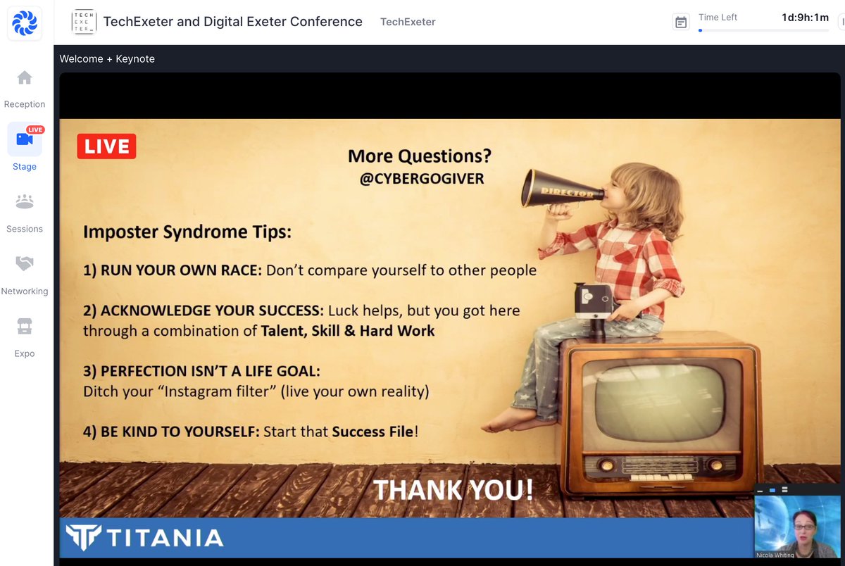 Tips from  @CyberGoGiver for overcoming Imposter syndrome.“Live in Glorious Imperfection!”  #vision2020exeter