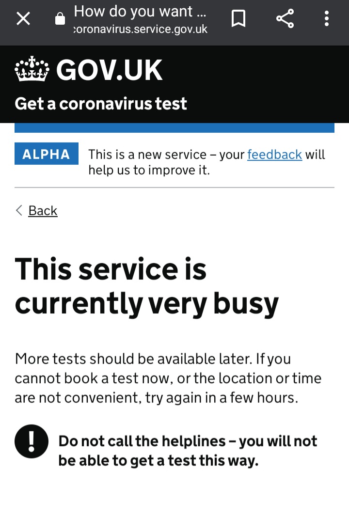 chrisbwfc83's tweet photo. I have a new and fairly continuous cough yet when going through the online booking system to get a test I am met with this message that there is no test available. Do I simply leave it and not get a test? #Covid19UK @LBC https://t.co/reVgd5N5wy