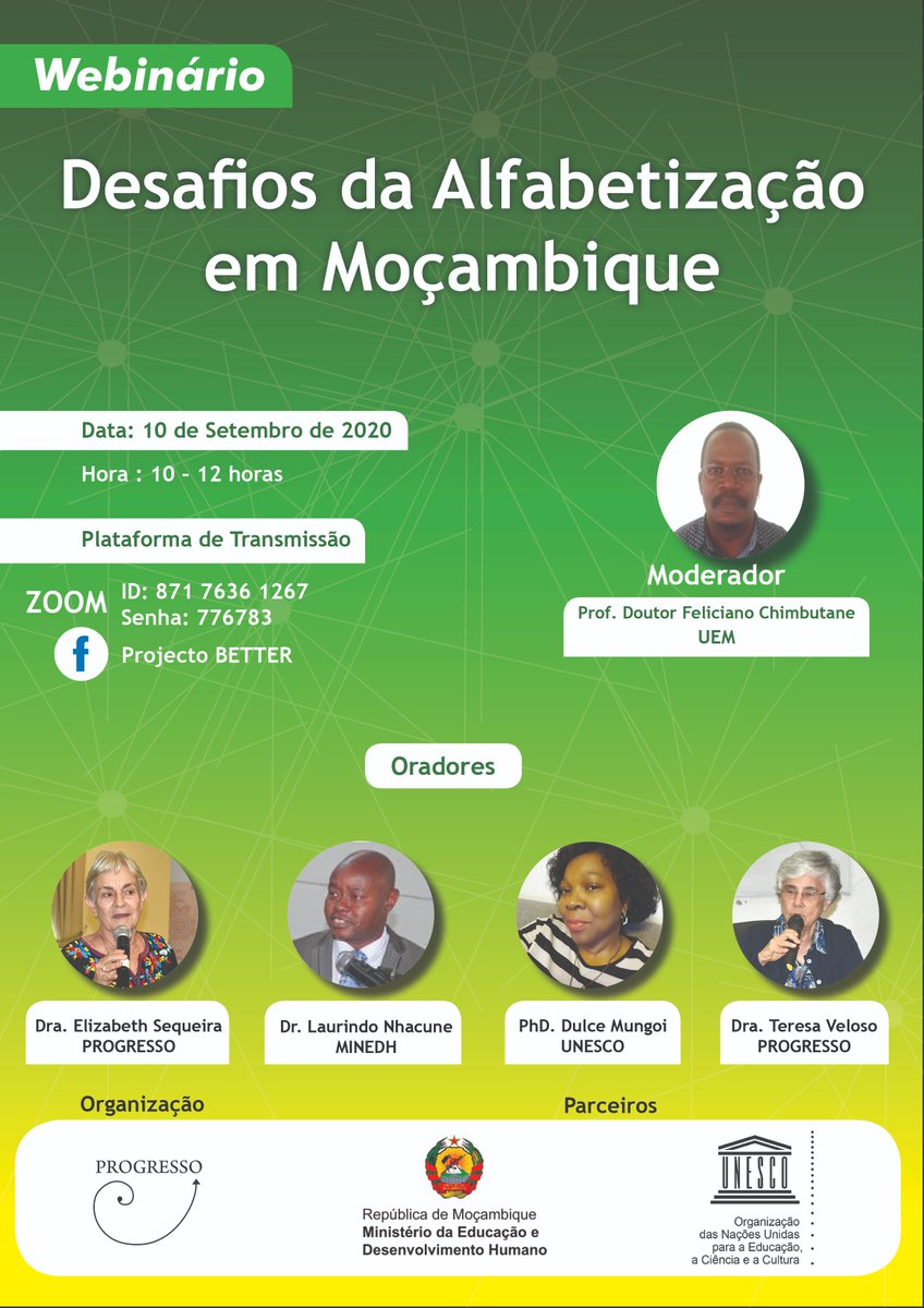 Alusivo ao Dia Internacional da Alfabetização que se assinalou a 8 de Setembro, <a href="/AssProgresso/">Associação PROGRESSO</a> vai realizar amanhã (10.09) o webinário com o tema Desafios da Alfabetização em Moçambique, às 10 horas, através do ZOOM com os seguintes dados de acesso: ID: 871 7636 1267 Senha: 776783