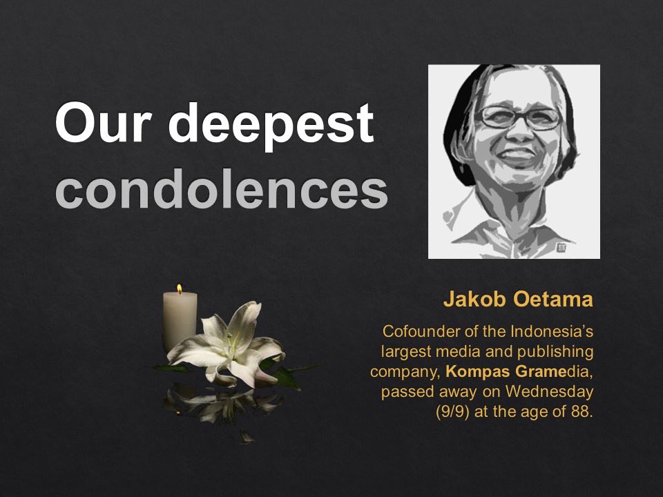 R.I.P. Mr. Jakob Oetama - on behalf of Johnson &amp; Johnson Indonesia family.   🙏⁦<a href="/hariankompas/">Harian Kompas</a>⁩ ⁦<a href="/kompascom/">Kompas.com</a>⁩ ⁦<a href="/kompasmuda/">Kompas Muda</a>⁩ #RIPJakobOetama
