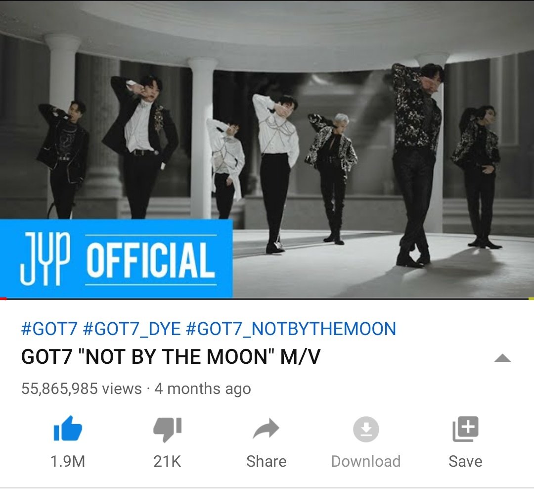 GOT7StreamTeam's tweet photo. [UPDATE]

#GOT7_NOTBYTHEMOON  MV views
9th September ,6PM KST

Current Views: 55,865,985
Likes: 1.9M

MV link: https://t.co/NGNX5OPcG0

Added views in last 24hrs: 122,948

Ahgase please keep Streaming🙏.
Views rating is decreasing😥

#TEAM_NBTM 
#GOT7  
#GOT7_DYE 
@GOT7Official https://t.co/yK4FVwazug