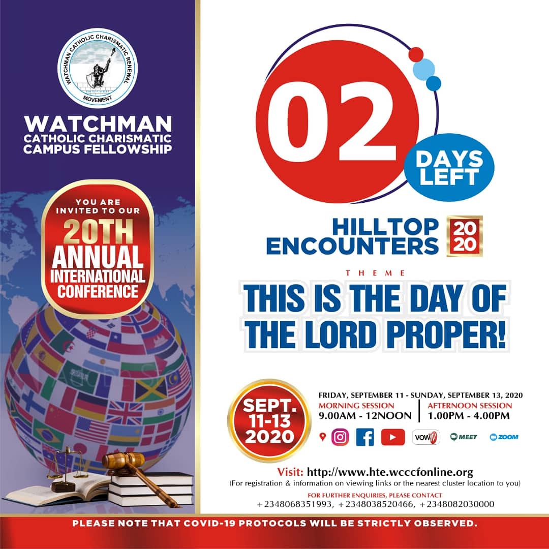 WatchmanCampus's tweet photo. It is 2 days to Hilltop Encounters 2020!
Are you ready?
Join us on Friday by 9am
Visit https://t.co/yMzsD8PI1T to register.
#HillTopEncounters2020
#HTE2020
#WatchmanCampus
#ThisIsTheDayOfTheLordProper
@WatchmanCampus
@Chinemeludavidn
@Paulchibuike20
@MWObisike https://t.co/0ocLtbhVbI