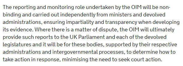 2) Governance - there are big questions about how these principles will be enforced. The UK gov's press release suggests the newly established OIM will take a view on any possible breaches, but the four government will be left to sort out any disputes through IGR mechanisms.