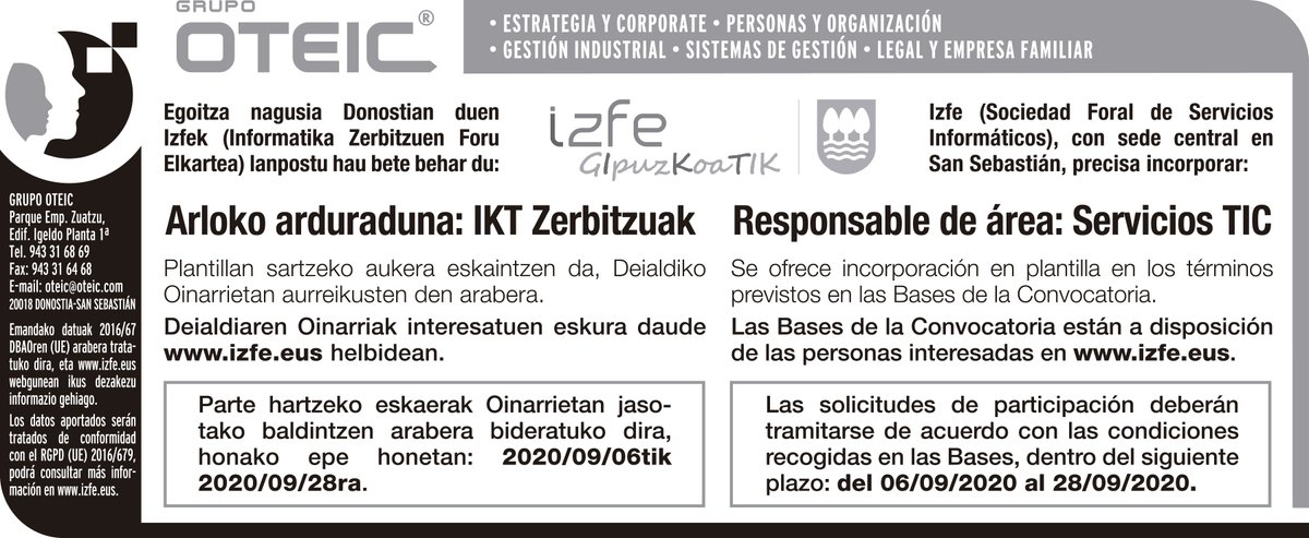 Martxan da 2020ko hautapen-prozesua: Arloko arduraduna: IKT Zerbitzuak #laneskaintza #ofertadeempleo izfe.eus/eu/lanpostu-de…
