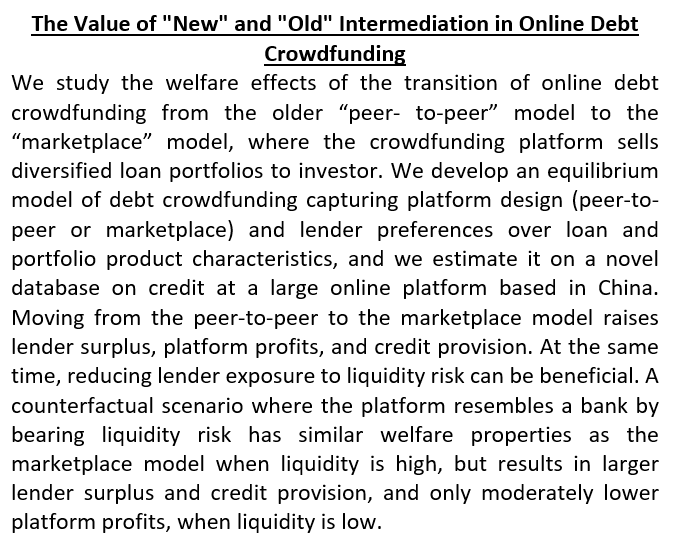 TiUEconomics's tweet photo. Nicola Pavanini will lead today's #Wednesdayworkshop. He will present his paper "The Value of "New" and "Old" Intermediation in Online Debt Crowdfunding" https://t.co/ql5FT27s3b
#welfareeffects #onlinedebtcrowdfunding #equilibriummodel #creditprovision #loanportfolios https://t.co/wcMO7cV4Nd