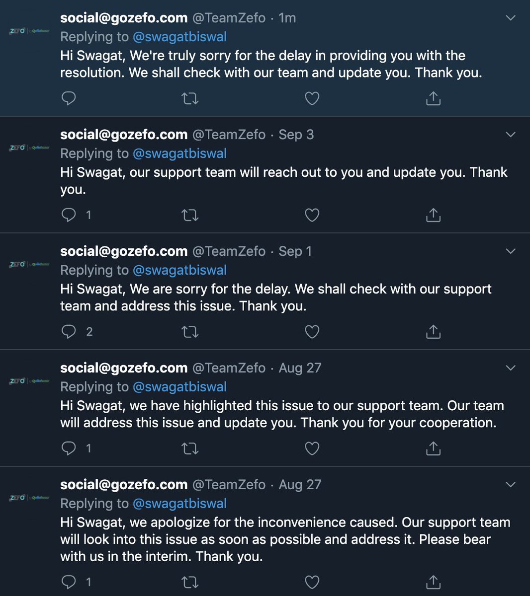 swagatbiswal's tweet photo. @TeamZefo This is how you get back to me. I don't know if you really have a team or for every ticket you guys reply this and stop without any response. https://t.co/GpkRHEO0Hs