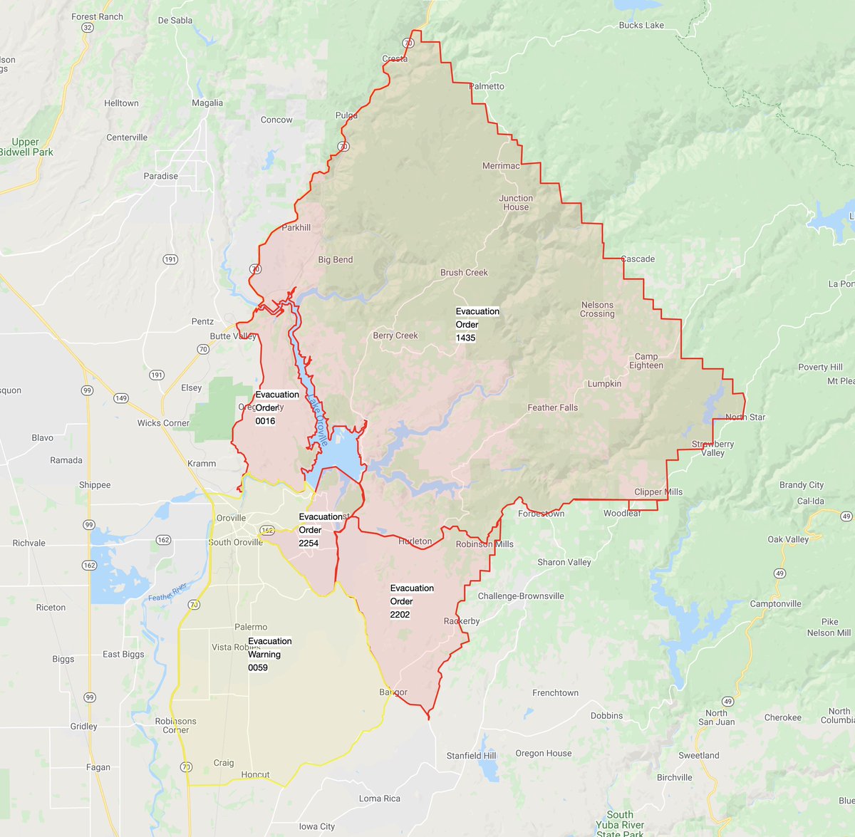 sciencewrighter's tweet photo. Big new Evacuation Warning for city of Oroville south to Honcut. #BearFire #NorthernComplex #WillowFire https://t.co/XyGy8r6DQJ