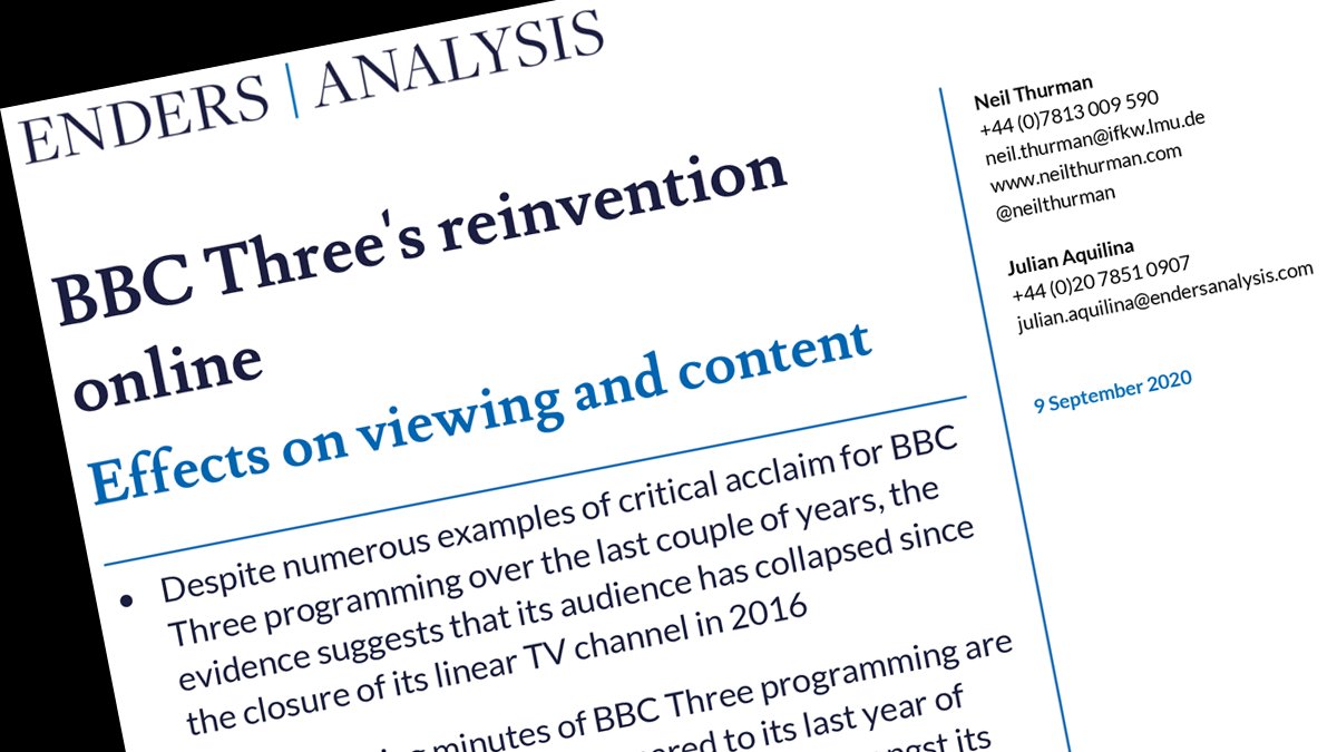 Today  @EndersAnalysis publish an edited version of my study as a report to their subscribers. The full version, which will appear in  @Convergence_NMT, is available now for everyone to read. I summarise the main findings in the thread below. 2/21 https://neilthurman.com/files/downloads/BBC-Three.pdf