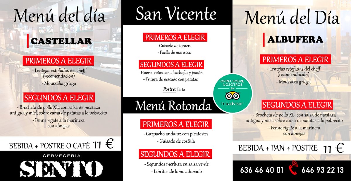 👉 Buenos día‼ Hoy en las #cervecerías Sento Rotonda, Castellar en #Alicante, #Albufera y San Vicente del Raspeig tenemos #menú del día ⤵