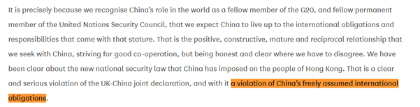 International law is the basis on which the foreign secretary - again and again - condemned the National Security Law that China imposed on Hong Kong. https://bit.ly/32ChudF 