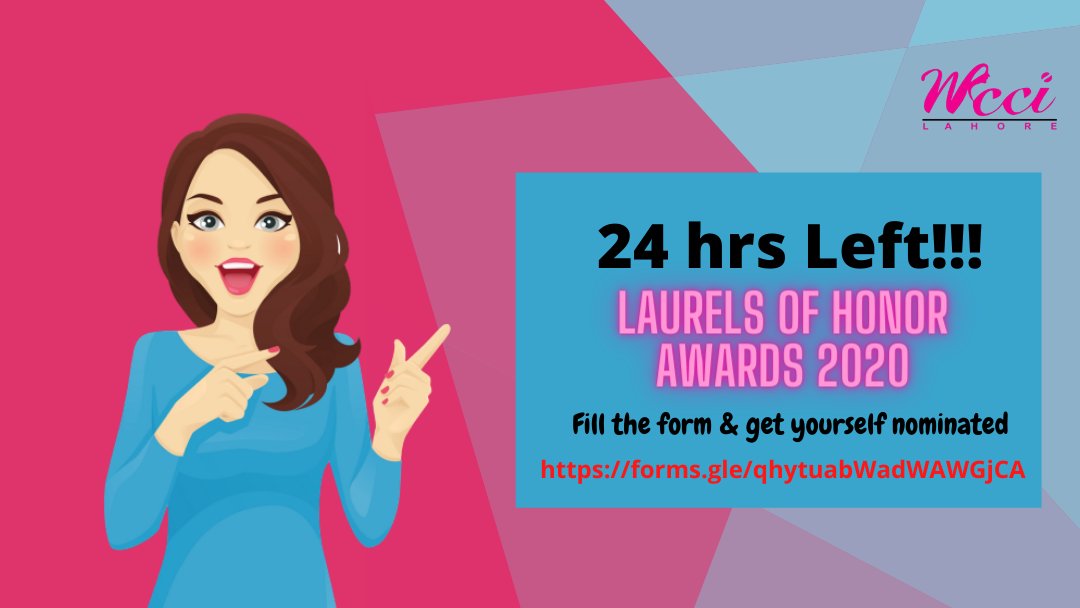 WCCILAHORE1's tweet photo. Fill Your Forms Now!!!!!!!!!
2020 Laurels of Honor Award
Laurels of Honor is the celebration of women's power, a salute to their indomitable spirit as agents of change.
Click this link and fill the form to get yourself nominated: https://t.co/HjcEs0Nh1k
#Awards #2020 https://t.co/KbLdDaPgGs