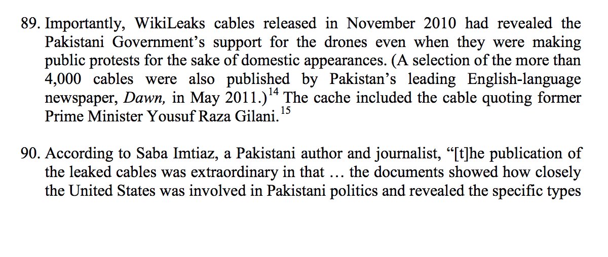 Clive Stafford Smith's testimony on Day 2 specifically detailed how US diplomatic cables published by WikiLeaks helped to convince a court in Pakistan that CIA drone strikes violated human rights and were war crimes.  #Assange