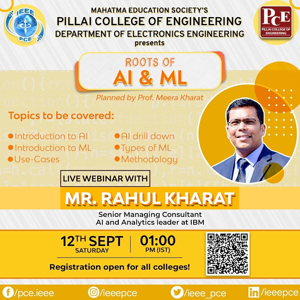 ieee_pce's tweet photo. Webinar on 'Roots of AI and ML'

Speaker: Mr. Rahul Kharat, Ex-Director of the Head of Artificial Intelligence, Eton solutions, and Senior Managing Consultant of AI and Analytics at IBM having 15 patents under his name.

Registration Link:
https://t.co/wlRwUX8JXG https://t.co/rkEpPQnVqt