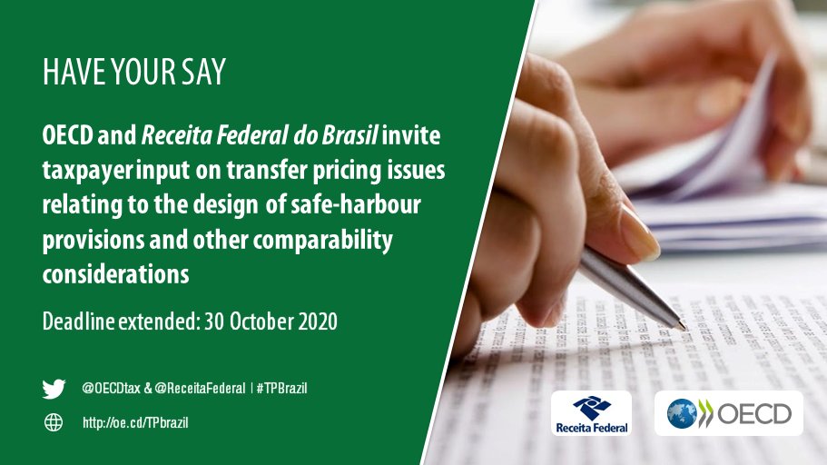 OECDtax's tweet photo. We have extended the deadline for comments to 30 October 2020. There is now an additional 6⃣ weeks left to have your say on work related to the development of #safeharbours & measures that can contribute to enhanced #taxcertainty.
#TPBrazil #transferpricing https://t.co/BDD98rjLUL
