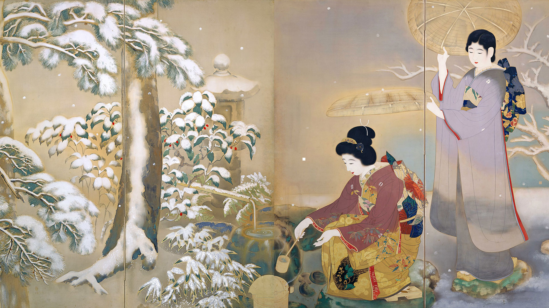 【真作】絵画　大幸紀世史　日本画　秋の静寂　葉陰に集う小鳥たち　V131 Deer and Pine in the Snow (1892) - Morikawa Sobun 雪中松鹿図