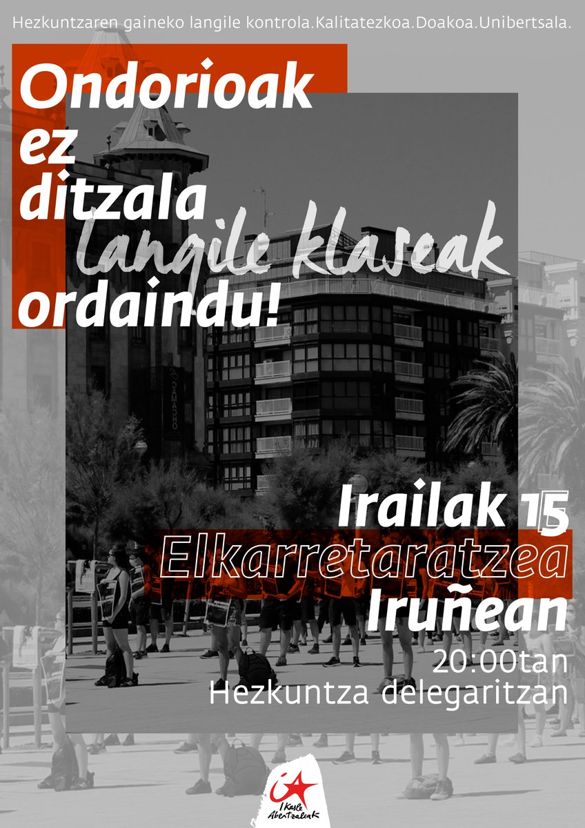 #I15greba | Oldarraldi burgesa eta sistema kapitalistaren krisialdiaren aurrean, langile kontrolpeko hezkuntza aldarrikatuko dugu. 

Hezkuntza komunitateko langileriaren osasuna bermatzen ez den heinean aurrean izango gaituzue.

Ondorioak ez ditzala langile klaseak ordaindu!