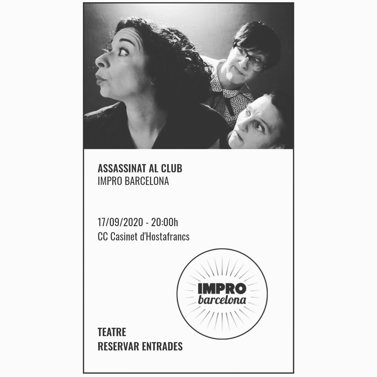 ImproBarcelona's tweet photo. รs gratuรฏt perรฒ cal reserva al @BcnDCultural. Tornem als districtes amb #assassinatalclub al @CotxeresCasinet
1๏ธโฃ7๏ธโฃ de setembre
a les 2๏ธโฃ0๏ธโฃ:0๏ธโฃ0๏ธโฃh
#ImproBarcelona #CULTURASEGURA
https://t.co/UcQdFuHoZq https://t.co/jR2j8SkVor