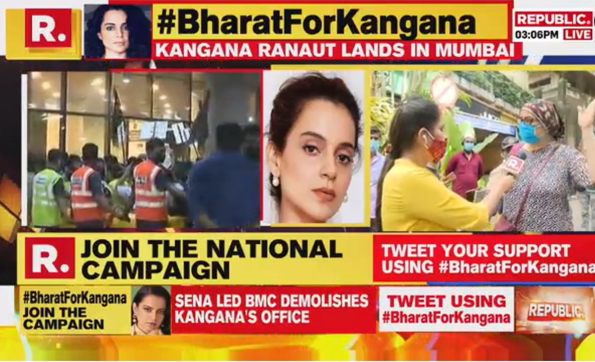 republic's tweet photo. #LIVE on #BharatForKangana | Local Mumbaikars turn up in support for Kangana Ranaut as BMC demolishes part of her Pali Hill office. Meanwhile, the actress is yet to leave Mumbai airport after landing.

Watch live updates here: https://t.co/RZHKU3wOei https://t.co/wLCYDV6c0x
