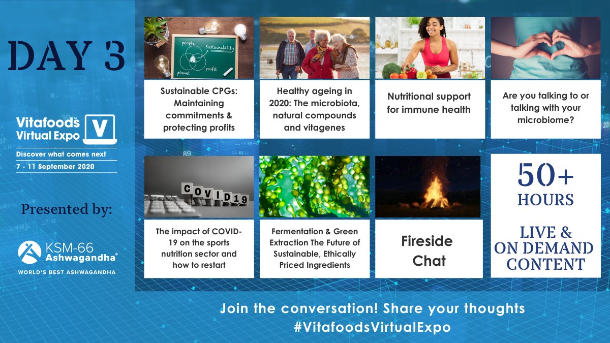 Did you see our agenda for today? 
Here is a sneak peek...

#VitafoodsVirtualExpo #Vitafoods #covid19research #heathyageing #microbiome #firesidechats #sportsnutrition #omega3