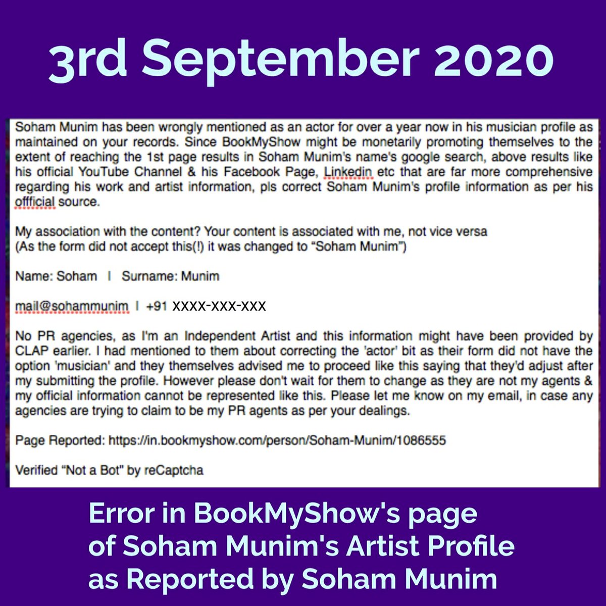 SohamMunim's tweet photo. #wrong #public #information @bookmyshow please look into my #complaint and follow up #reminders from the 3rd Sep 2020. Pls respond on my number provided in the complaint in case my inbox is not able to receive e-mails that are bouncing back.
#sohammunim
https://t.co/4LlrxBDxyU https://t.co/4zwTcxSYaR