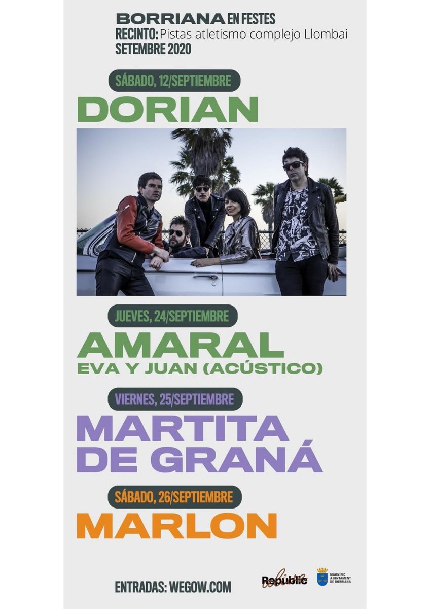 💃🏽 Borriana 🍊 trasllada els concerts 🏟️ de setembre a les pistes d'atletisme del complex poliesportiu Llombai 👏🏼 cutt.ly/OfRQ8VN

#ajuntamentdeborriana #borriana #BorrianaCulturaSegura
