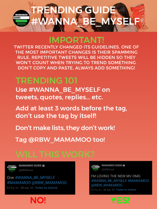 TWITTER HASHTAG GUIDETrending on Twitter is very important and helps a lot to promote  #MAMAMOO. Twitter recently changed its guidelines so please take time to read carefully the guide.