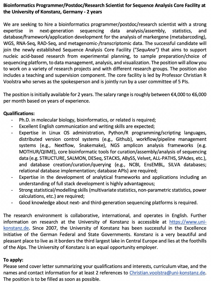Christian R Voolstra (@reefgenomics) on Twitter photo please RT: looking for bioinformatician w/ expertise in NGS data analysis/assembly, statistics, database/framework/application development for 2-year initial hire. Applicant will join our new Sequence Analysis Core Facility @unikonstanz .. please PM <a href="/reefgenomics/">Christian R Voolstra</a> for more info! please RT: looking for bioinformatician w/ expertise in NGS data analysis/assembly, statistics, database/framework/application development for 2-year initial hire. Applicant will join our new Sequence Analysis Core Facility @unikonstanz .. please PM <a href="/reefgenomics/">Christian R Voolstra</a> for more info!