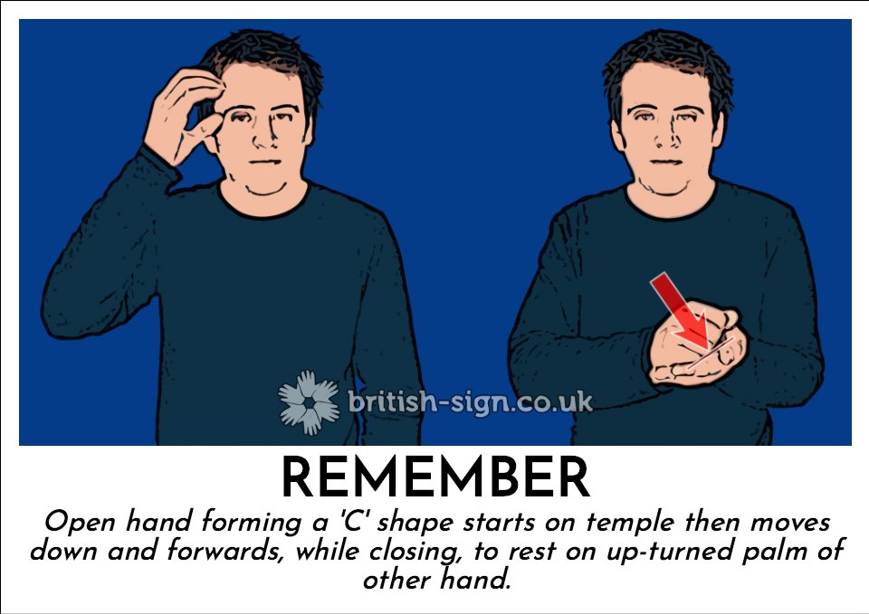 BritishSignBSL's tweet photo. Today's #BritishSignLanguage sign is: REMEMBER - #BSL - learn sign language online at https://t.co/Nfh3kkYJfI https://t.co/lmPlJP415E