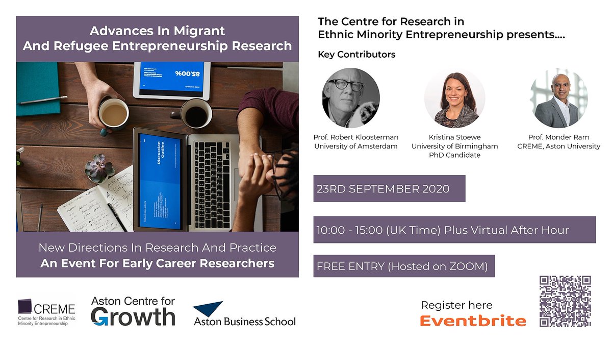 <a href="/CREMEatAston/">CREME</a>  led by Professor <a href="/monderram/">Prof Monder Ram</a> , are hosting a workshop for European Early Career Researchers (ECRs) on migrant and refugee entrepreneurship on 23 Sept 10am-3pm. Book your spot here: orlo.uk/81FDD