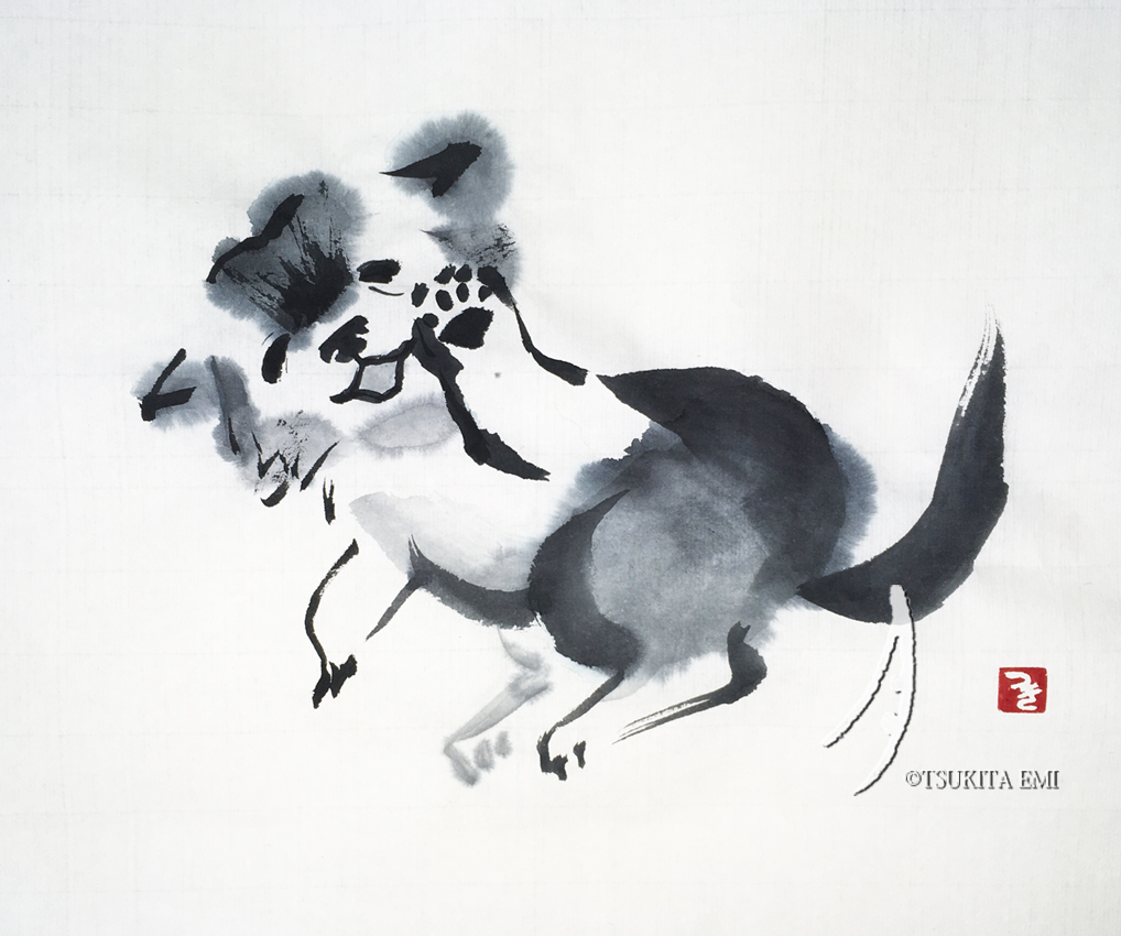 月田エミ 墨猫 墨犬 ーーーーーーーーーーー 墨犬 豆いぬ Little Dog 一緒に遊んで 犬イラスト 墨画 絵本 Sumie 犬アート