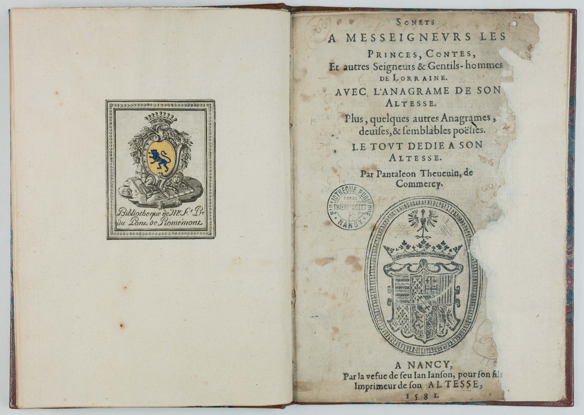 enbmn's tweet image. Sinon, #AlaRepro un #unicum (bon, il a un peu brulé...), les Sonnets à monseigneurs les Princes de Pantaléon Thévenin de Commercy, Janson 1581. Du Pont de Romémont (#exlibris) =&amp;gt; Jean Cayon =&amp;gt; Thiery-Solet =&amp;gt; @bmnpatrimoine
