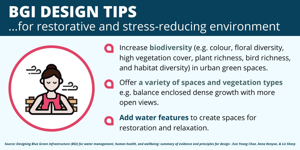 Blue-green infrastructure not only aids our urban environment, but reduces our stress levels! Increasing  #biodiversity and offering a variety of spaces & vegetation types can help to clear our minds. From the report:  https://northsearegion.eu/media/14560/bgi-and-health-report.pdf