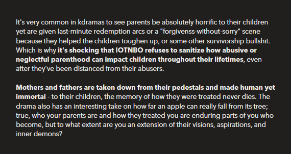 #3 Parenting and childhood trauma: a groundbreaking take in a society as filial and hierarchical as SoKor (but a universal reality too) to portray parents as fallible humans who may have unforgivably scarred their children for life.