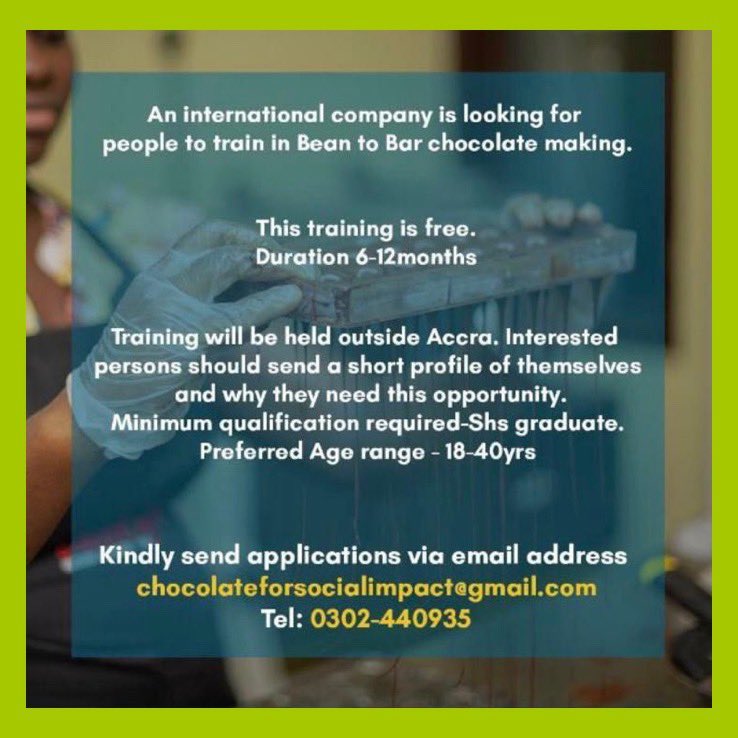PEDAssociation's tweet photo. 📌Applications are now open. 

🌱➡️🍫 Bean to Bar: Free chocolate making training opportunity. 
📩Email: chocolateforsocialimpact@gmail.com or simply call the number below to apply. https://t.co/fK64XpFYRd