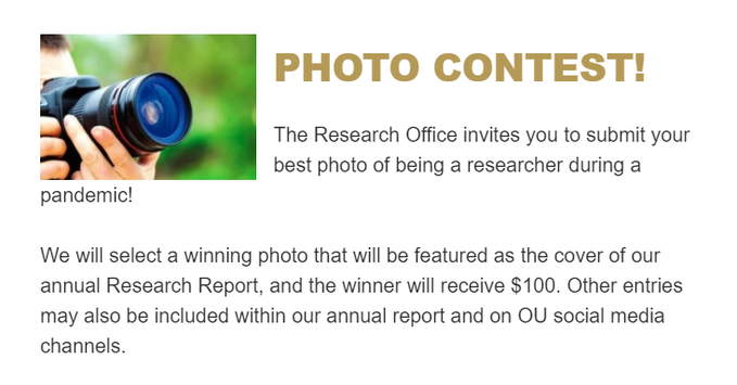 OaklandResearch's tweet photo. Due FRIDAY! Send us a pic! Details on https://t.co/DcmGsymkiT. Contest ends September 11, 2020. #OaklandResearch #ThisIsOU #MaskUpOU
@StonedavidA @sdelaney4OU @oaklandu https://t.co/6x7gbB6XKO
