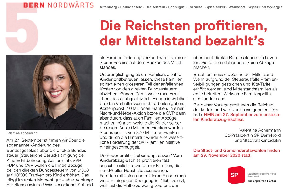 Unsere Co-Präsidentin und Stadtratskandidatin <a href="/v_achermann/">Valentina Achermann</a> schreibt im Anzeiger für das Norquartier über den unsozialen Kinderabzug-Bschiss: "Vom Kinderabzug-Bschiss profitieren fast ausschliesslich Topverdiener-Familien, die nur 6% aller Haushalte ausmachen."