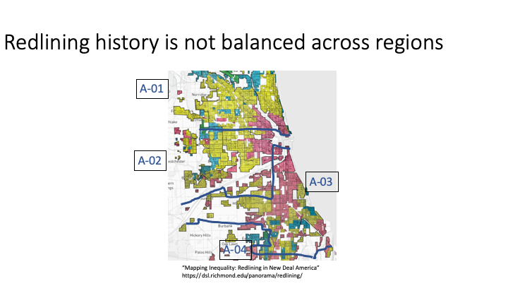In addition to carefully separating Northwestern & Mercy from (and vice versa) the medical campus, the impact of racist and exploitative Redlining is not balanced across planning areas; this disproportionately affects the South Side.  https://dsl.richmond.edu/panorama/redlining/
