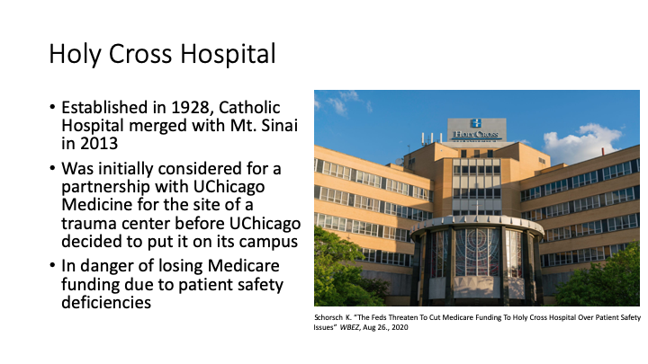 Holy Cross, est. 1928, is currently being investigated for patient safety lapses that could jeopardize its Medicare funding.  https://www.wbez.org/stories/the-feds-threaten-to-cut-medicare-funding-to-holy-cross-hospital-over-patient-safety-issues/056eee83-868b-47aa-8b01-97847b818695