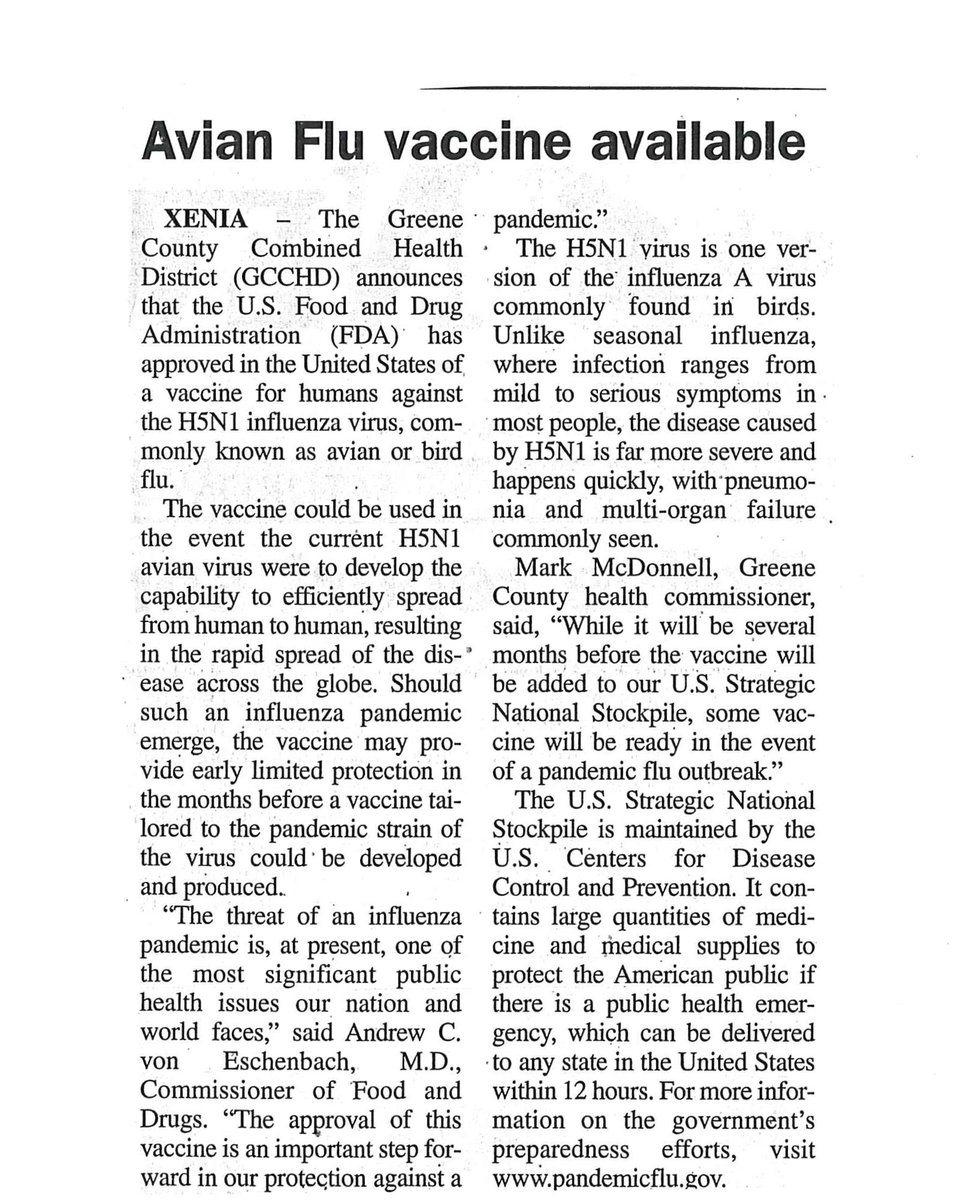 GreeneCoPH's tweet photo. In recognition of our 100th Anniversary, we are sharing a decade each month in 2020. September features 2000-2010. This article is from April 28, 2007 when a vaccine was approved for H5N1 influenza, also known as avian, or bird, #flu. #GCPH100 #GCPH https://t.co/YYChjUn9w5