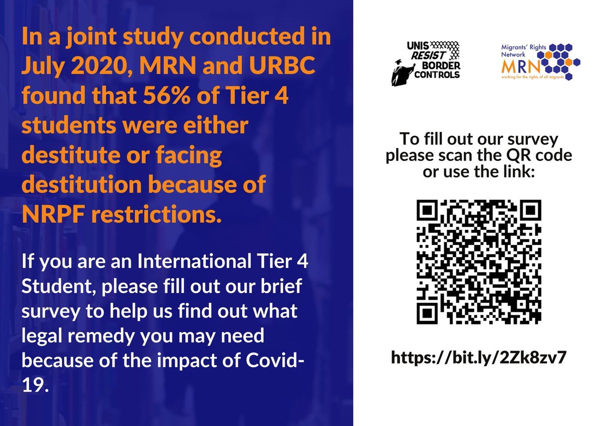 In July <a href="/UnisNotBorders/">UnisResistBorders #WearAMask #BordersKillKnowledge</a> &amp; @migrants_rights found that 56% of Tier 4 international students were either destitute or at risk of destitution during the #Covid19UK lockdown. 

Take this study &amp; help us know what legal remedies you need to protect yourself:  surveymonkey.co.uk/r/tier4students