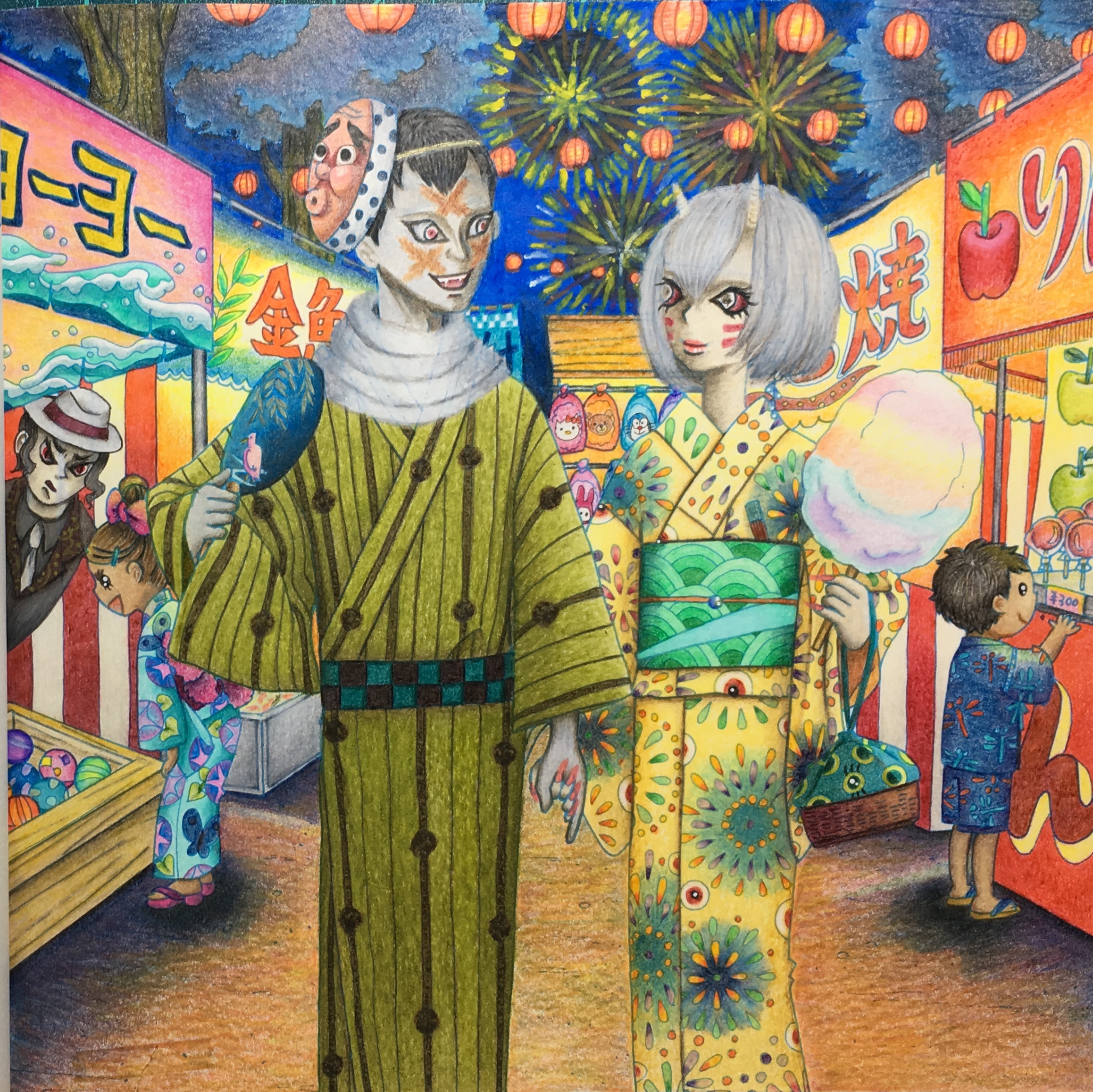 しずく ロザリアンです 季節外れの 花火 が若干物悲しい 零余子 と 病葉 の 夜店 デート きぬとさおりのゆめみるきもの ホルベインアーチスト色鉛筆 ポンキーペンシル 塗り絵 大人の塗り絵 サトウユカ Coloring Drawing Fairytales 鬼滅の