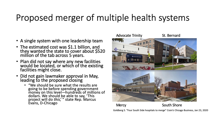 In 01/2020, 4 S Side hospitals proposed to merge into 1 health system, asking IL for $520 million/5 yrs to help. However, reps felt there were insufficient specifics about where new facilities would be placed to justify providing the funds.  @steph_goldberg  https://www.chicagobusiness.com/health-care/no-path-forward-four-hospital-merger