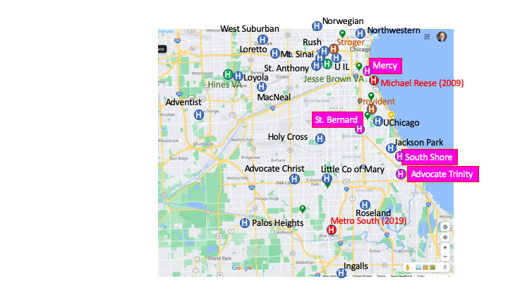 Here are those four hospitals on our map.