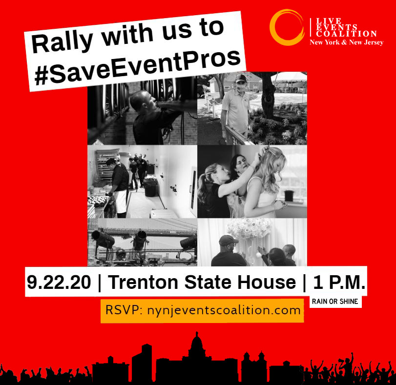 Join us in our #SaveEventPros rally on TUESDAY, SEPT 22, 1PM outside of Trenton State House! Let's stand together
 as we call for legislative action to provide financial assistance. (Physical distancing and masks are mandatory) RSVP: bit.ly/2ZnbqUa