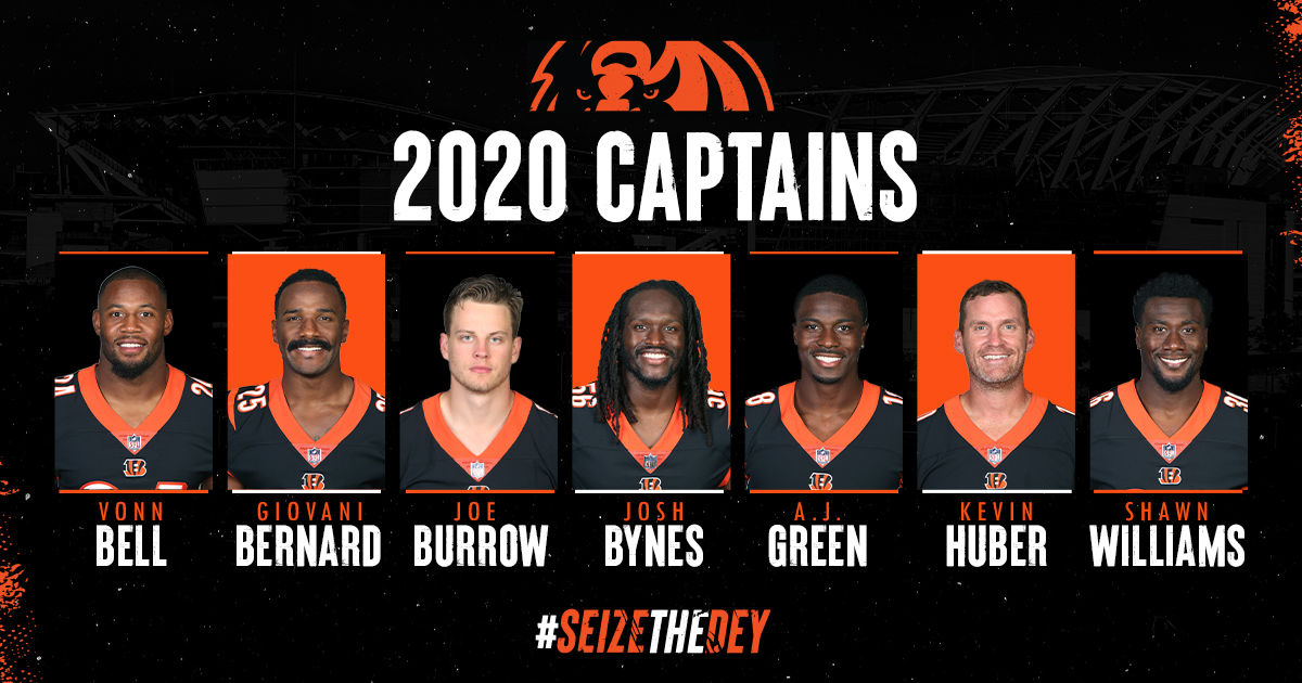 Presenting our 2️⃣0️⃣2️⃣0️⃣ CAPTAINS: 

<a href="/Vonn/">Vonn Bell</a> 
<a href="/G_Bernard25/">Giovani Bernard</a> 
<a href="/JoeyB/">Joey Burrow</a> 
<a href="/bynestime56/">Josh Bynes</a> 
<a href="/ajgreen_18/">.</a> 
<a href="/khuber10/">Kevin Huber</a> 
<a href="/36SLY36/">Shawn  Williams</a>