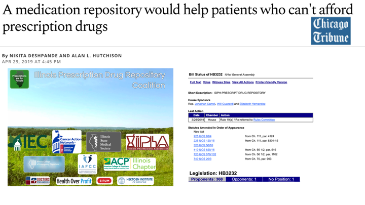 My recent advocacy work  focused on legalized a  prescription drug repository (see previous tweetorial), for which I wrote a Chicago Tribune Op-Ed with @nikitadeshpan and advocated with @EALindquist, @sweetchinchilla, @SIRUM. x.com/alanlhutchison… ilrxdrugrepository.org