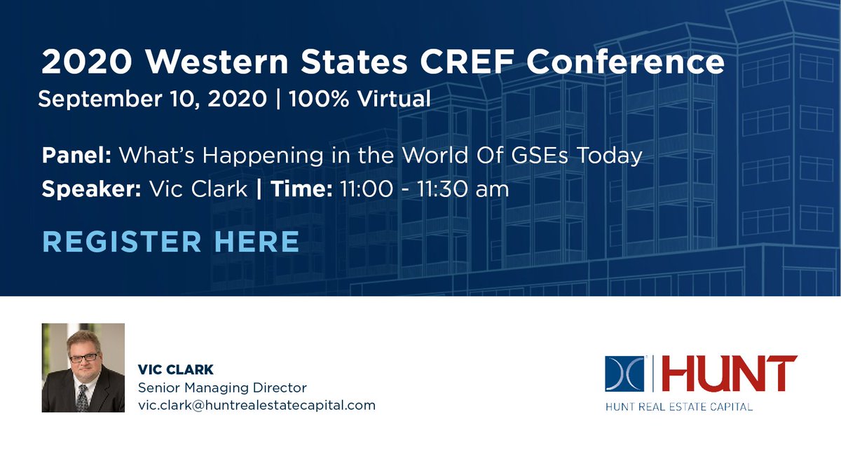 HRECapital's tweet photo. Vic Clark will be joining a panel of experts on September 10 to discuss the latest updates with the GSEs. Make sure to use promo code "hunt" for a free registration! https://t.co/A9UQoZpUxt #CREF #CommercialRealEstate #CRE https://t.co/0IZ69KSP8q