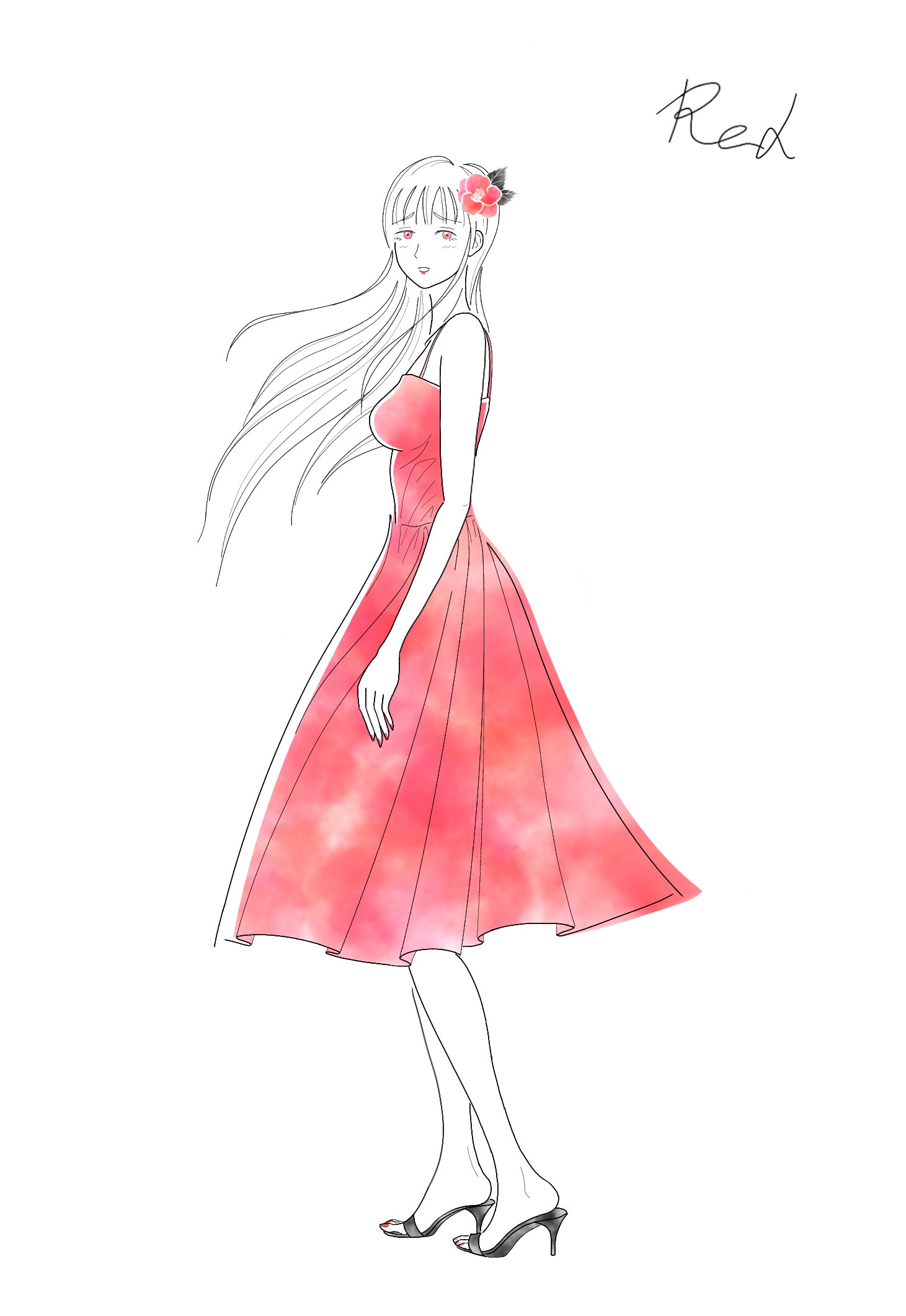 Inori Palette Red Palette4色目 赤色 椿の髪飾りを着けた女性です 薔薇やダリアなど 赤い花は色々ありますが 椿が好きなので デジタルイラスト練習中 イラスト好きとつながりたい 絵描きさんと繫がりたい 女性 イラスト シンプル
