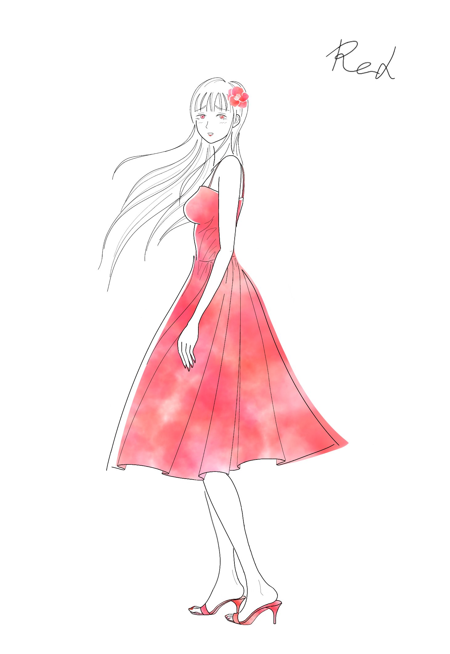 Inori Palette Red Palette4色目 赤色 椿の髪飾りを着けた女性です 薔薇やダリアなど 赤い花は色々ありますが 椿が好きなので デジタルイラスト練習中 イラスト好きとつながりたい 絵描きさんと繫がりたい 女性 イラスト シンプル